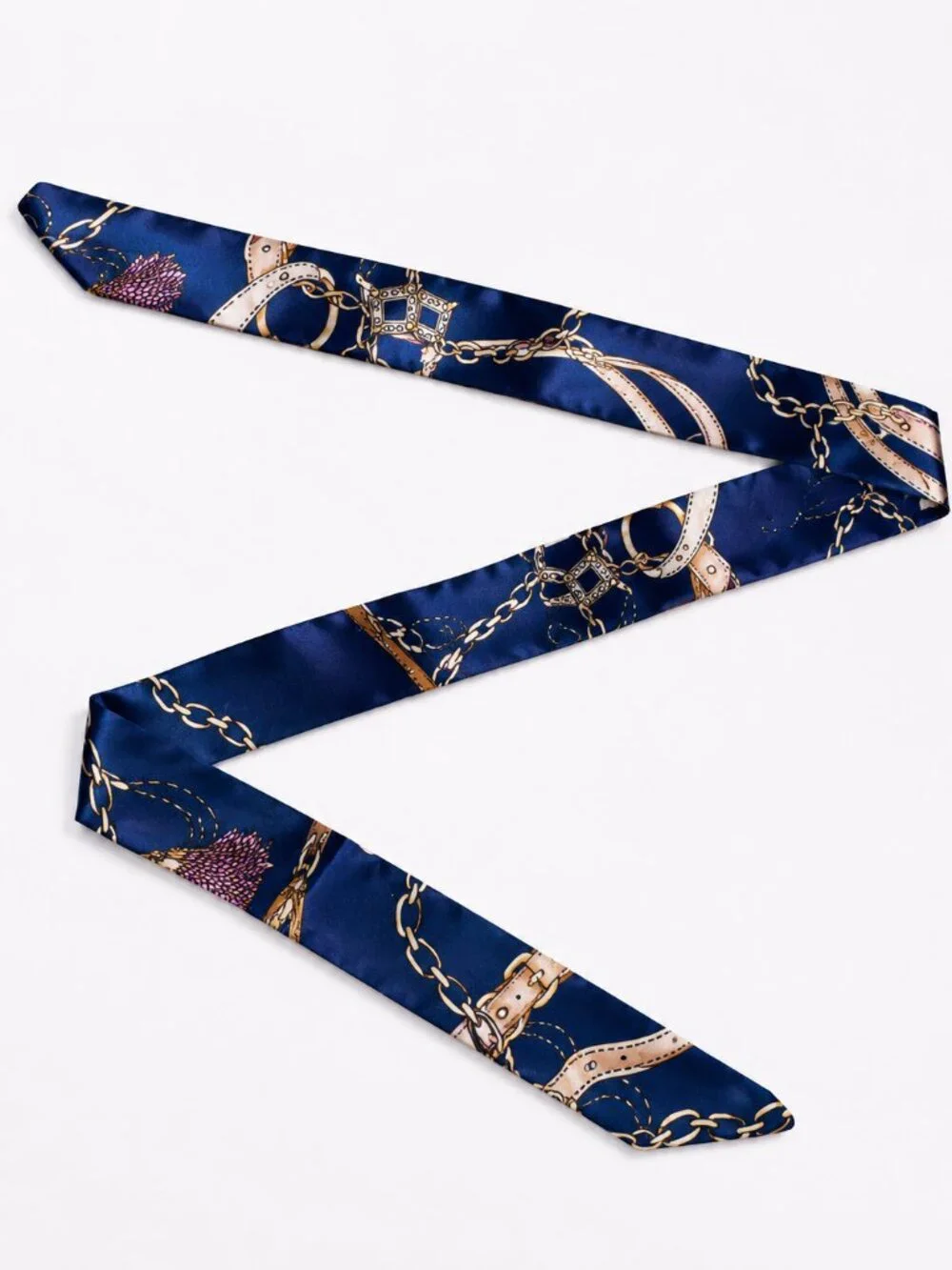 Navy Equestrian Print Skinny Silk Scarf Hair Neck Bag Accent